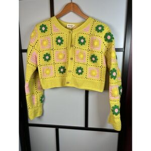 Flower Crochet Knot Button Up Cardigan Sweater Granny Core Womens S/M